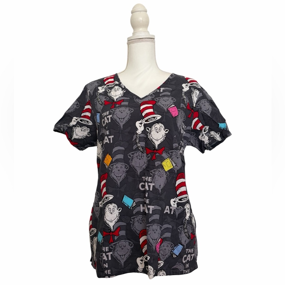 Dr. Seuss The Cat in The Hat Print Nursing Medical Scrub Top Women’s Medium